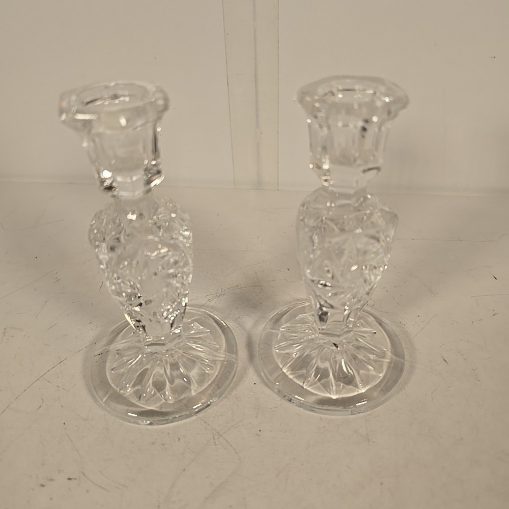 Vintage 5" Brilliant‎ Cut Crystal Candle Holders Pinwheels 8-Sided Star Set Of 2